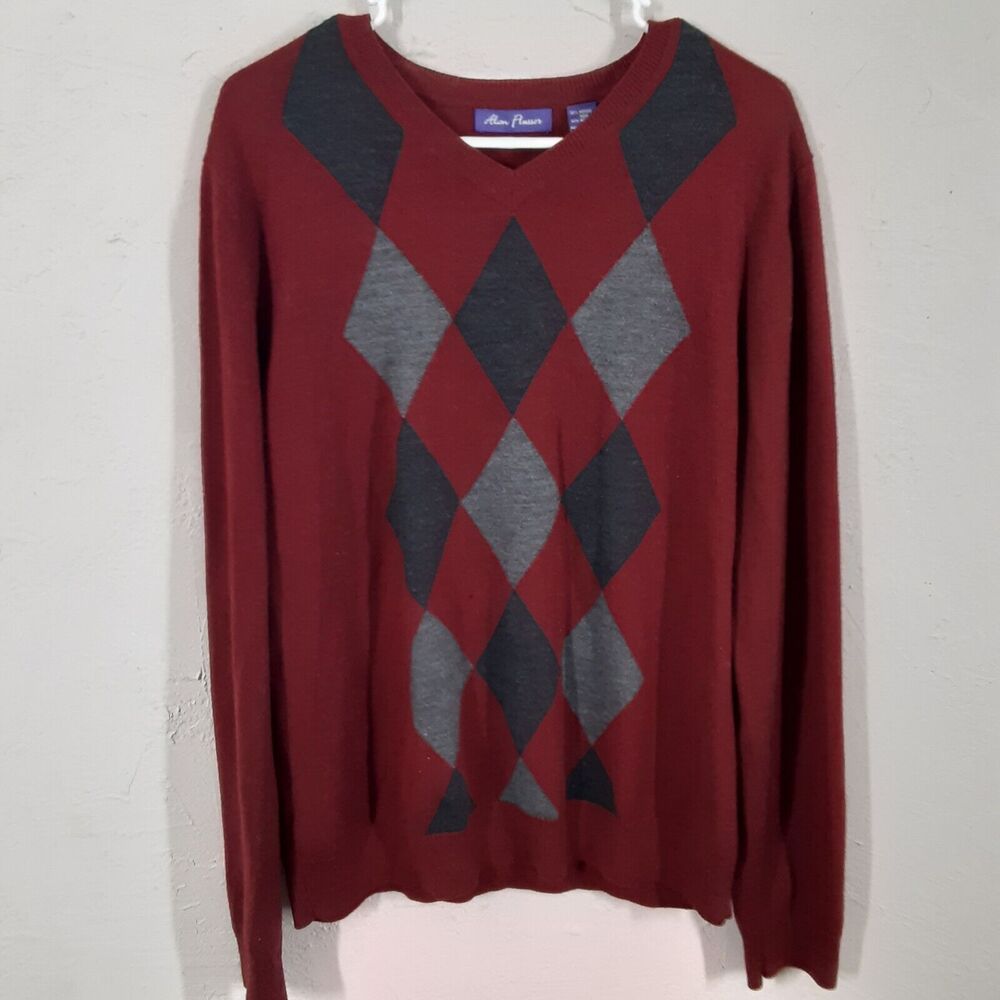 Alan Flusser Sweater Men's Size Large Argyle Red Gray V Neck Merino Wool Blend